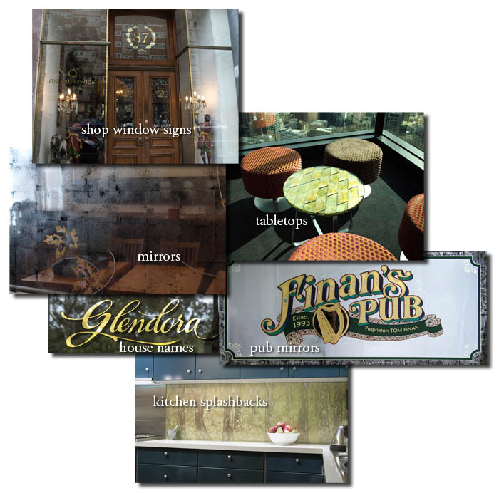 gold leaf signwriting, mirrors, glass panels